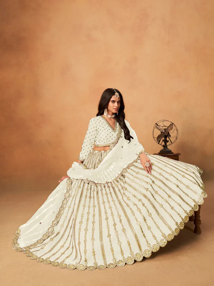 Off White Art Silk Lehenga with Mirror & Embroidery