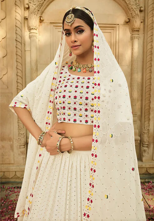 Dusty White Georgette Lehenga Choli with Thread & Sequins Work