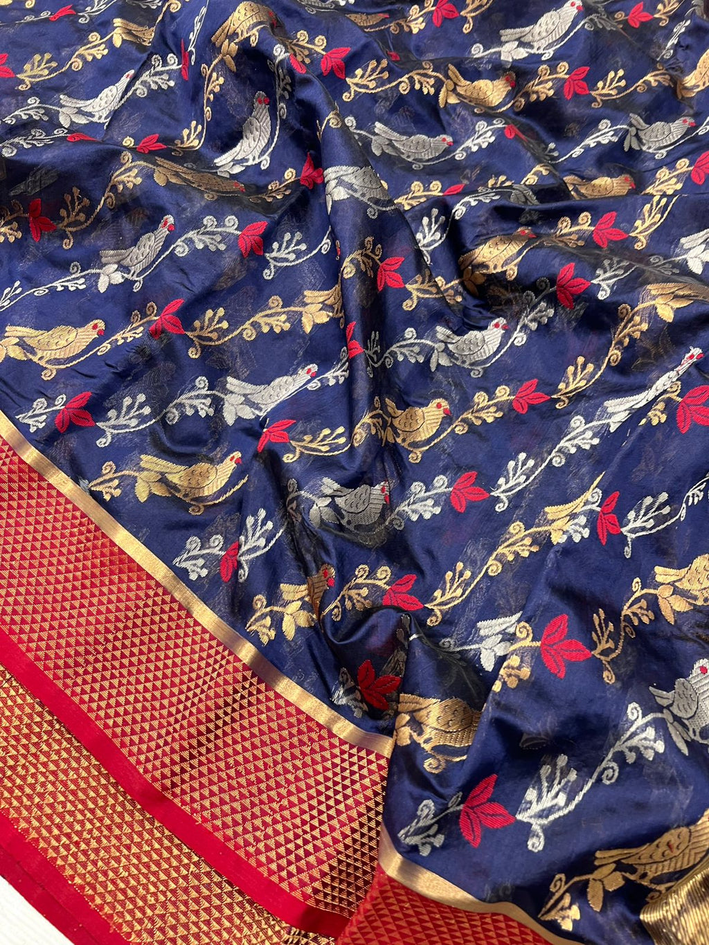 Dark Blue Chanderi Handloom Pattu Silk Meenakari Handwork Saree