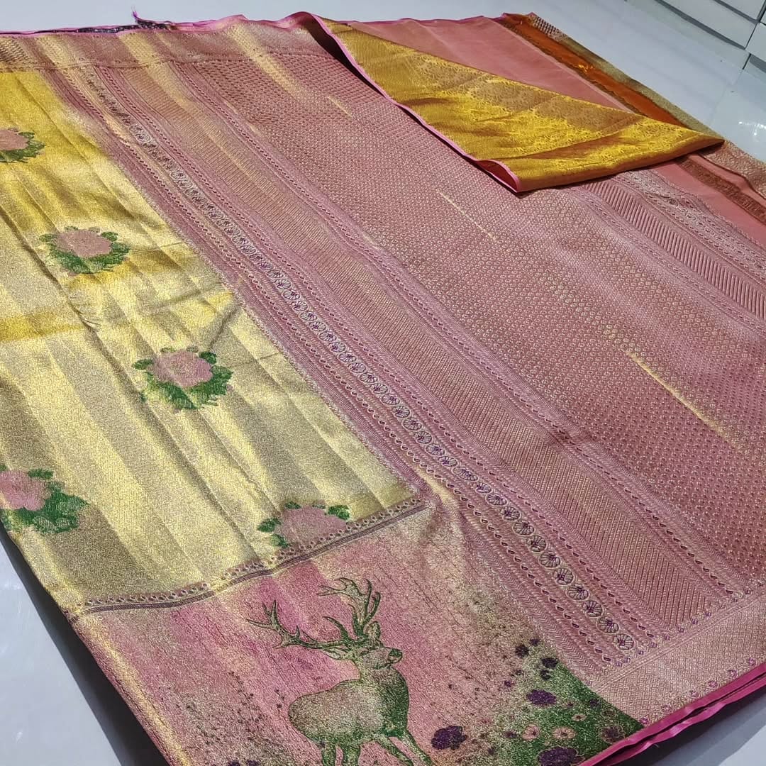 Gold Kanchipuram Handloom Tissue Brocade Silk Saree
