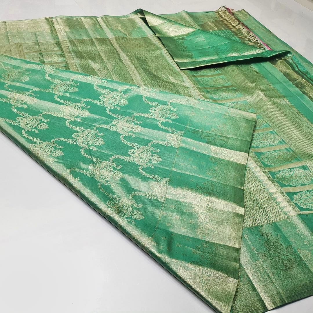 Sea Green Kanchipuram Handloom Tissue Brocade Silk Saree