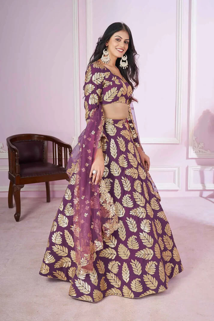 Wine Georgette Lehenga with Sequins & Zari Embroidery
