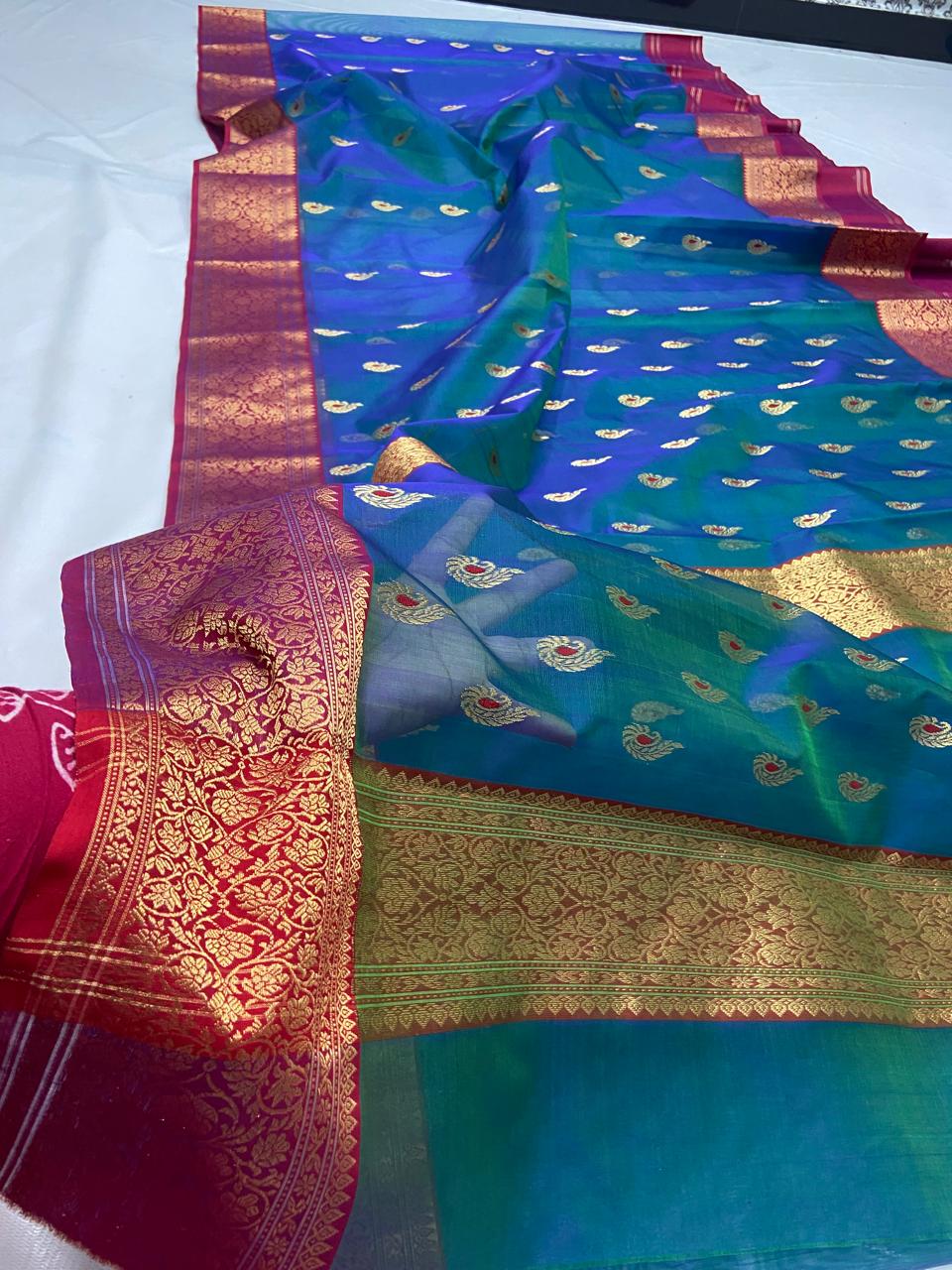 Peacock Green Chanderi Handloom Katan Silk Meenakari Saree