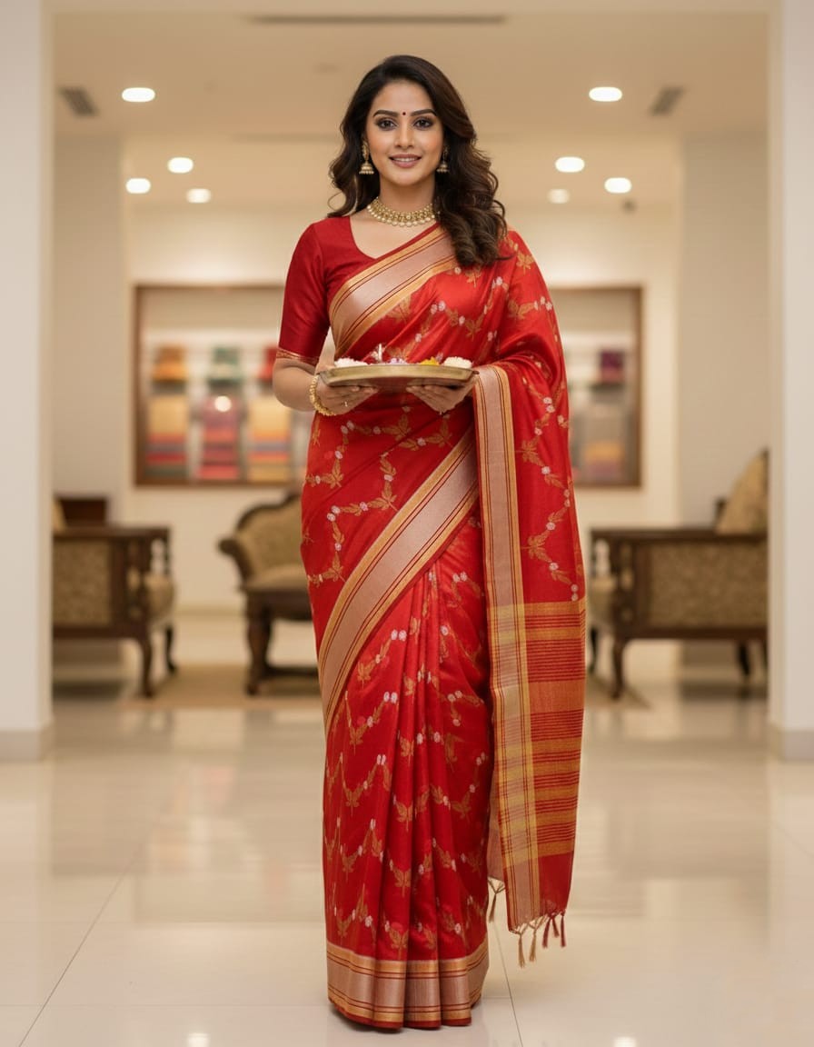 Rød Chanderi håndvævet Pattu Silk Meenakari Saree