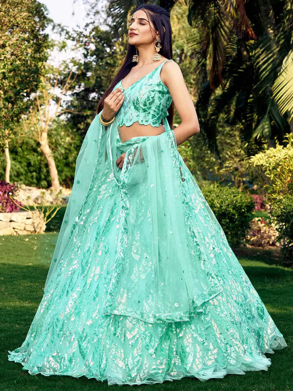Sky Blue Soft Net Lehenga with Sequins & Thread Work