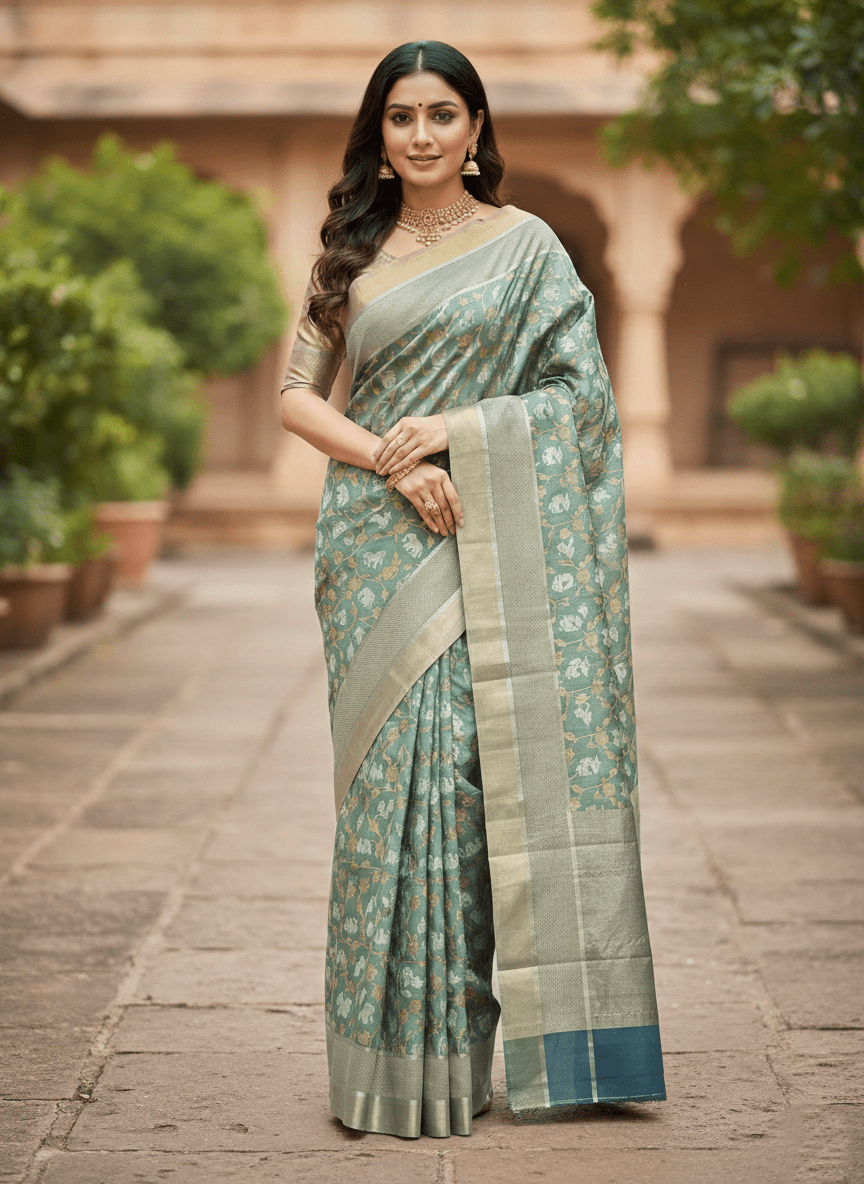 Sage Green Chanderi Handloom Pattu Silk Shikargah Handwork Saree