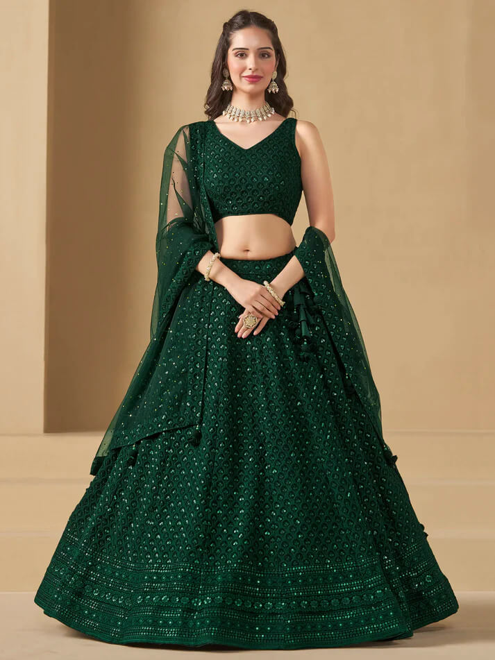 Dark Green Party Wear Lehenga with Sequins Embroidery