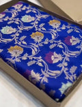 Azure Blue Handloom Banarasi Katan Silk Saree with Colorful Meenakari Floral Borders and Silk Mark Authenticity Label.