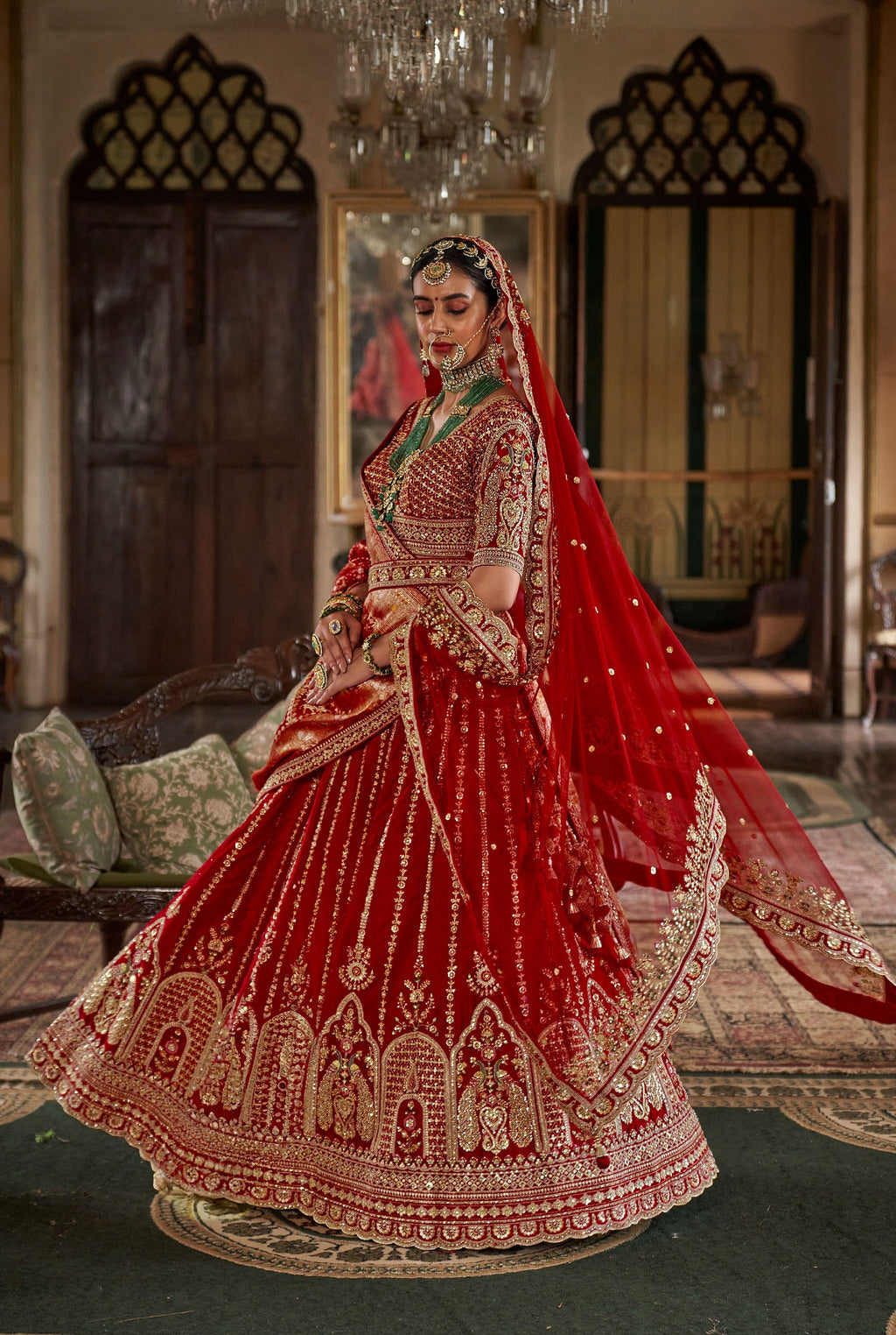 Designer Red Silk Bridal Lehenga with Heavy Embroidery & Sequins