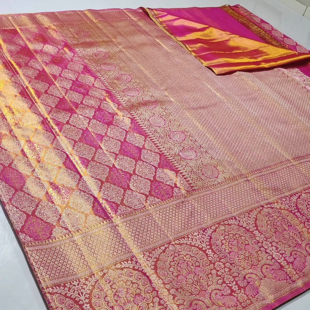 Hot Pink Kanchipuram Handloom Tissue Brocade Silk Saree