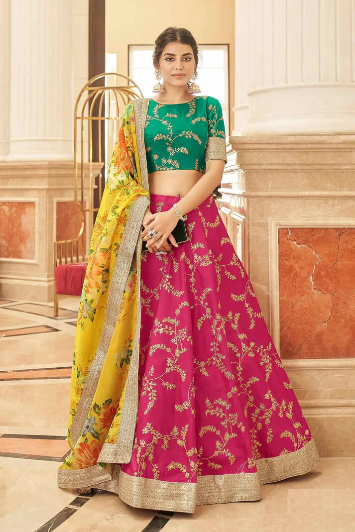 Pink Yellow Art Silk Lehenga with Zari & Sequins Work