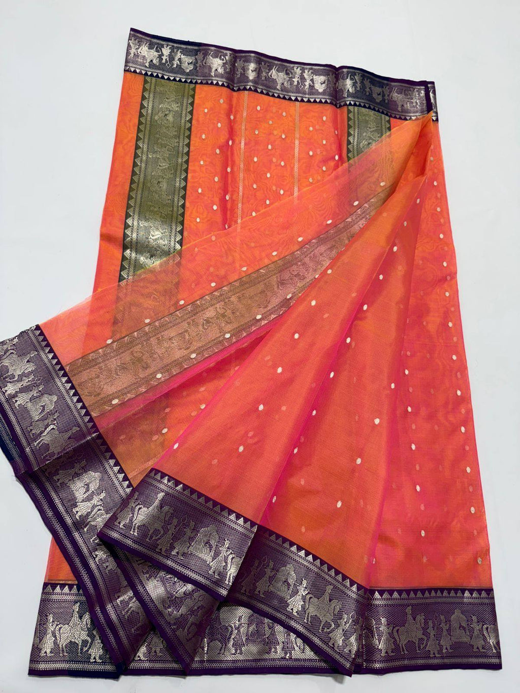 Dual Tone Orange Chanderi Handloom Katan Silk Nakshi Saree