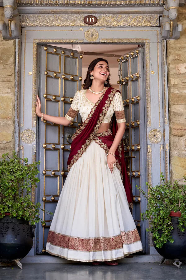 Off White Silk Lehenga with Zari Weaving and Sequins Accent