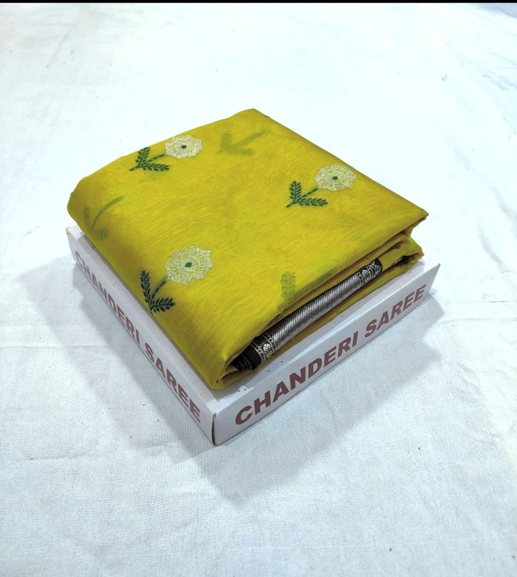Lemon Chanderi Handloom Pattu Silk Meenakari Nakshi Saree