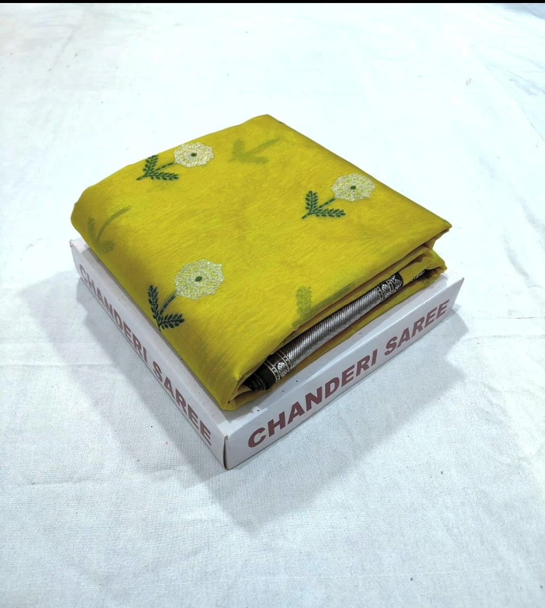 Lemon Chanderi Handloom Pattu Silk Meenakari Nakshi Saree