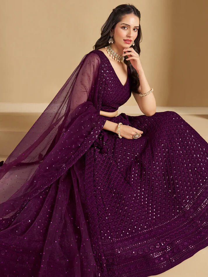 Wine Party Wear Lehenga with Sequins Embroidery
