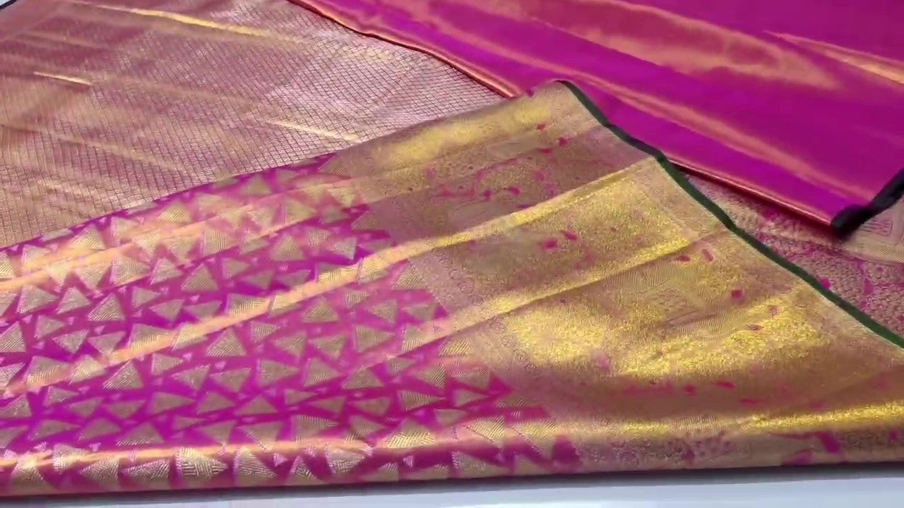 Hot Pink Kanchipuram Handloom Tissue Brocade Silk Saree