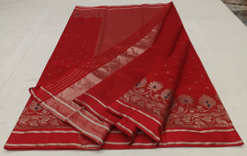 Rustic Red Chanderi Handloom Pattu Silk Meenakari Saree