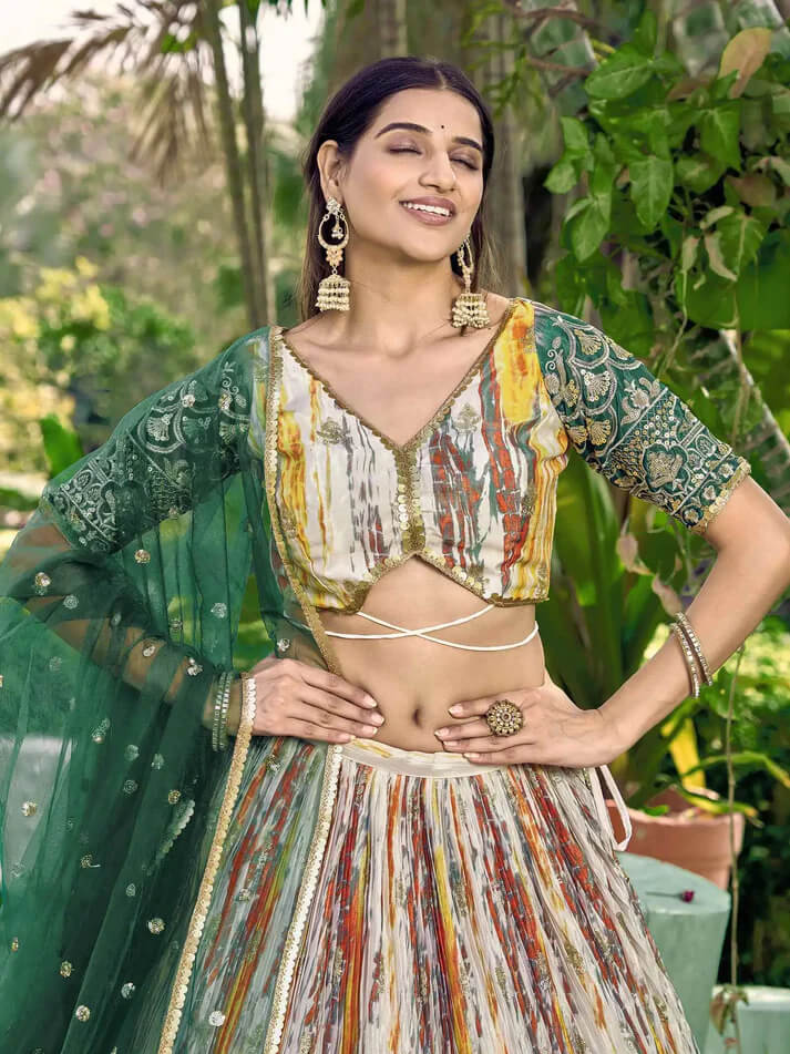 Designer Green Lehenga with Sequins, Zari & Digital Print