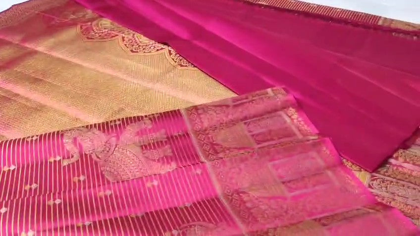 Mørkelyserød Kanchipuram håndvævet vævsbrokade Meenakari silkesari