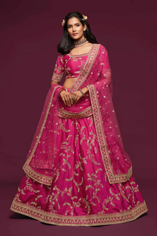 Berry Pink Silk Lehenga with Thread, Zari & Sequins Work