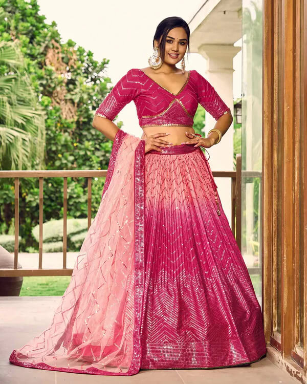 Peach & Pink Lehenga Choli with Thread & Sequins Work