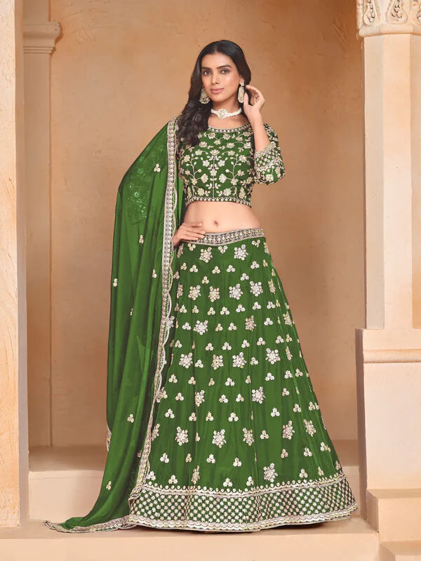 Elegant Green Organza Lehenga with Embroidery