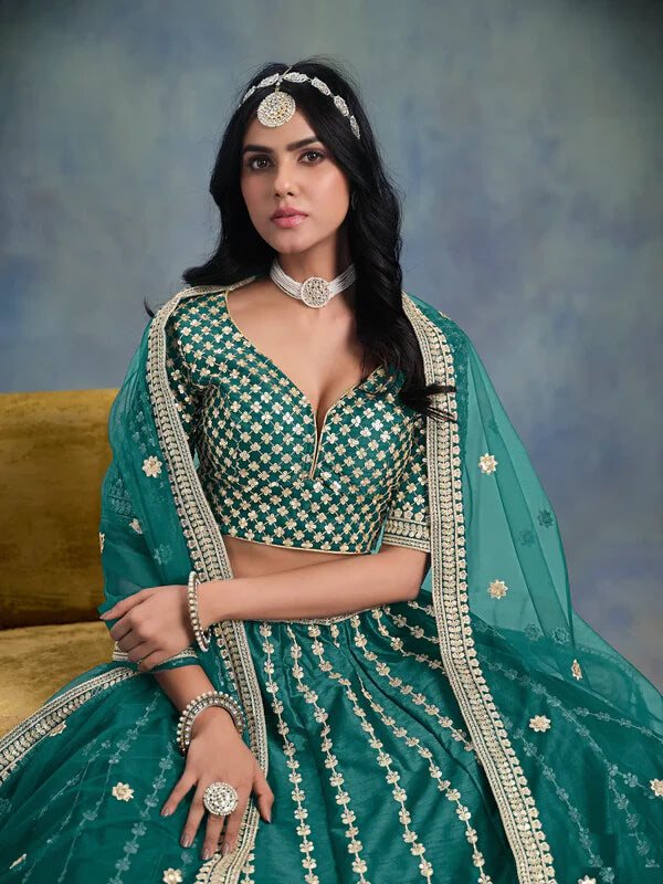 Party Wear Green Lehenga Choli in Art Silk Fabric