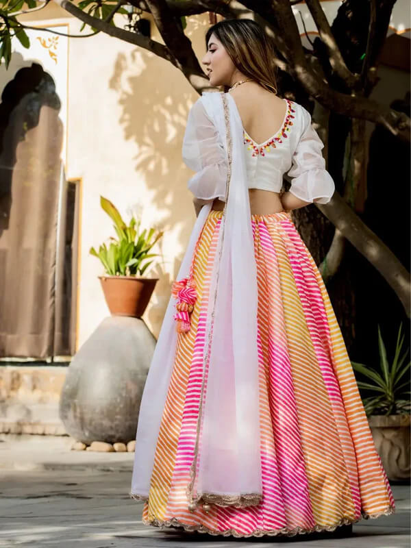 Multi Color Organza Lehenga with Pearl & Mirror Work