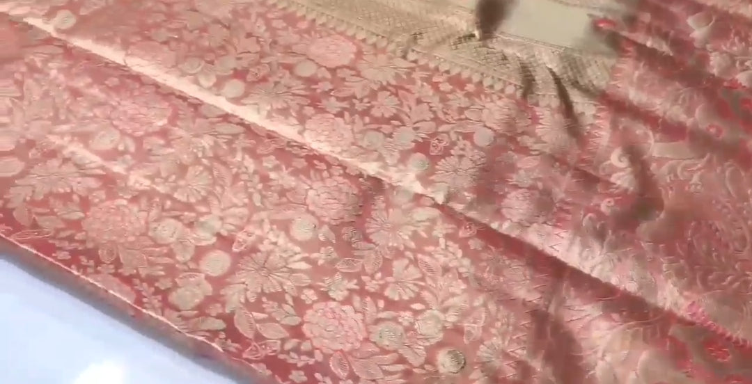 Coral Kanchipuram Handloom Tissue Brocade Silk Saree