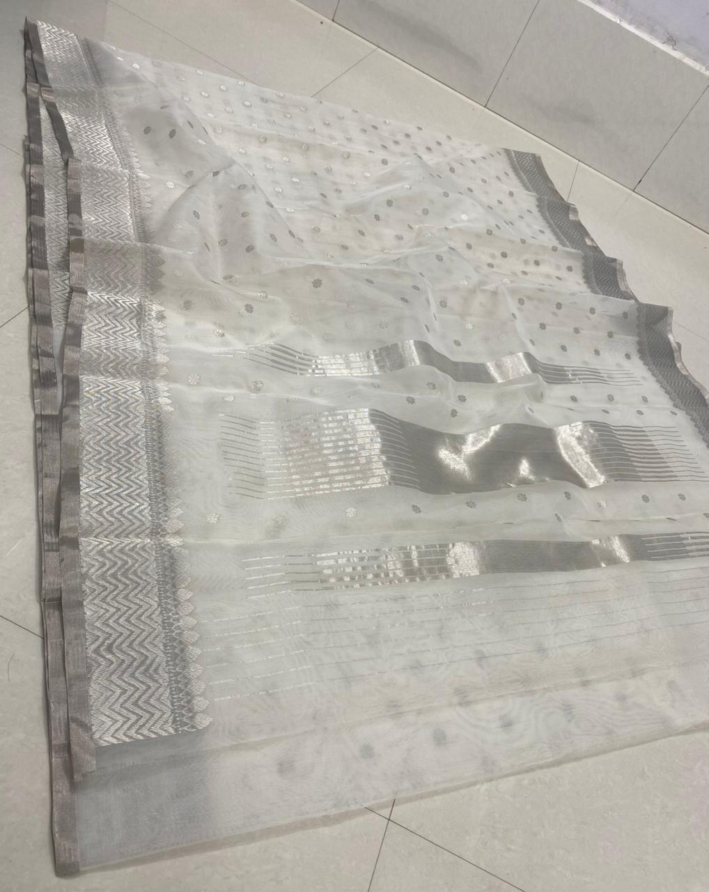 Pearl White Chanderi Handloom Katan Silk Saree