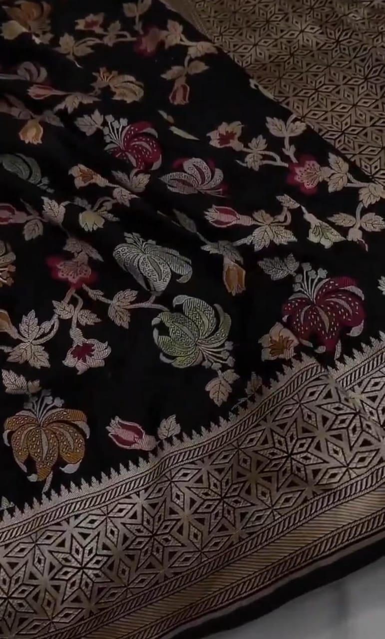 Black Banarasi Handloom Katan Silk Meenakari Saree