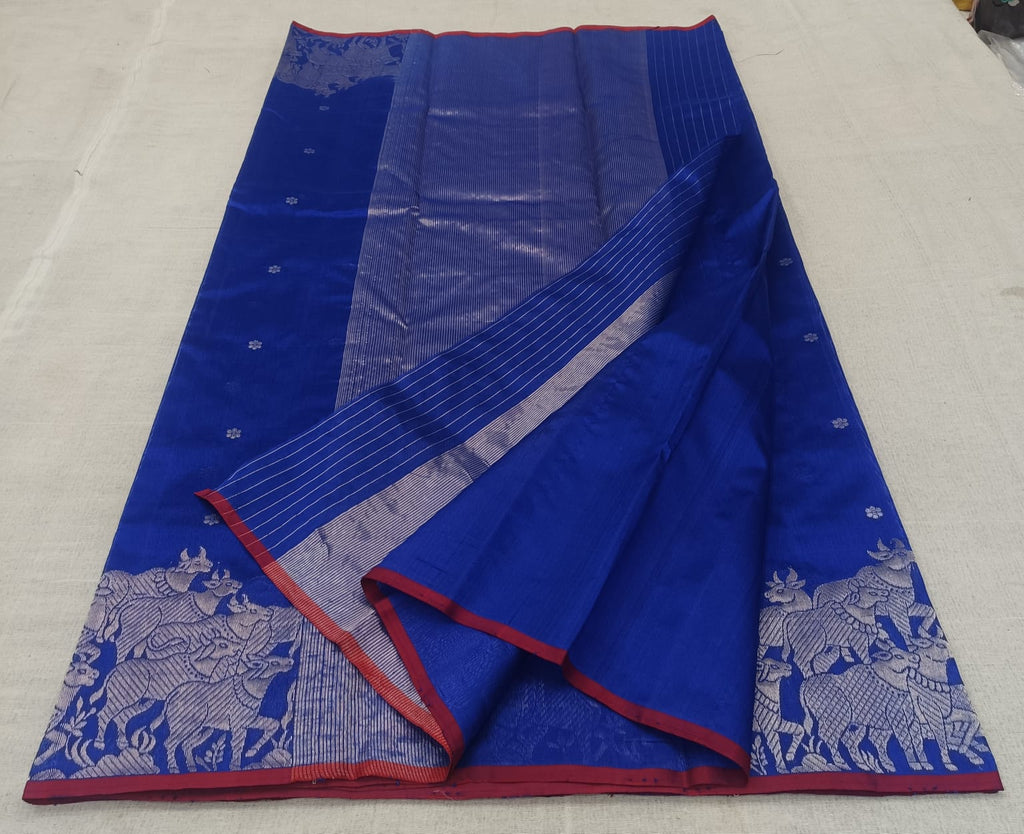 Azure Blue Chanderi Handloom Pattu Silk Handwork Saree
