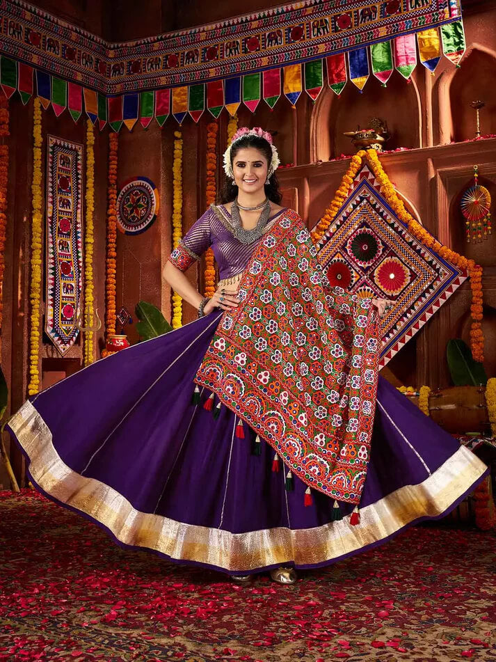 Dark Purple Embroidered Navratri Lehenga with Mirror Dupatta