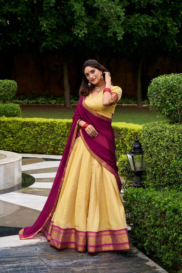 Elegant Beige & Dark Pink Kanchipuram Silk Lehenga Choli