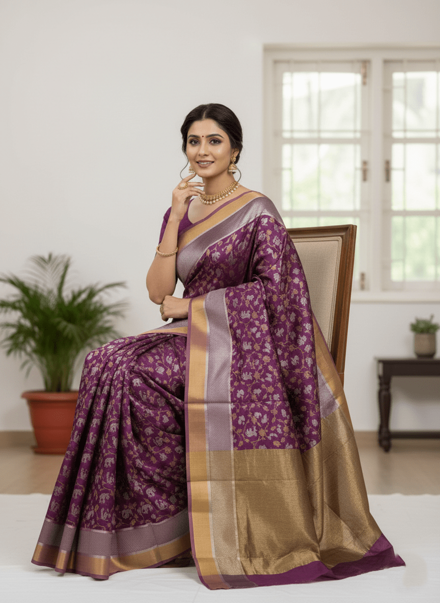 Lilac Chanderi Handloom Pattu Silk Shikargah Handwork Saree