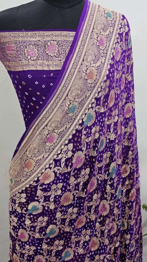 Purple Banarasi Handloom Gold Zari Bandhani Georgette Silk Saree