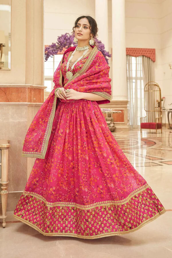 Pink Organza Floral Lehenga with Zari & Sequins Work