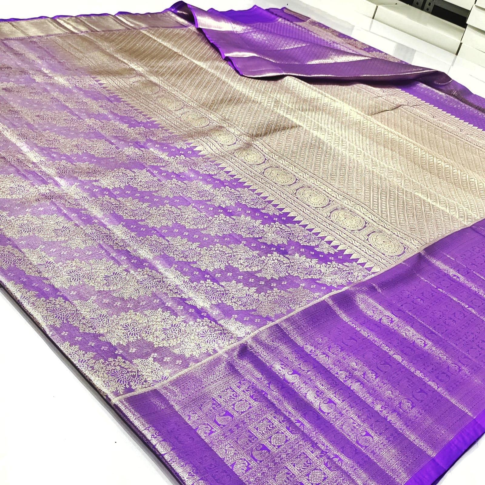 Lavender Kanchipuram Handloom Tissue Brocade Silk Saree