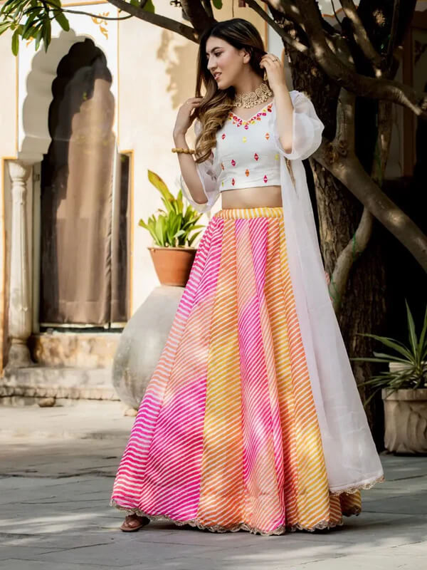 Multi Color Organza Lehenga with Pearl & Mirror Work