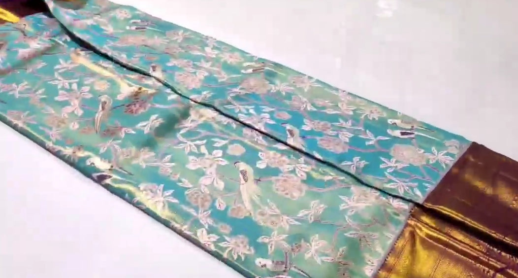 Turquoise Kanchipuram Handloom 4D Tissue Brocade Silk Saree