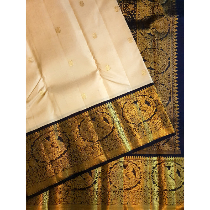 Cream Kanchipuram Handloom 2G Gold Baby Shower Korvai Silk Saree