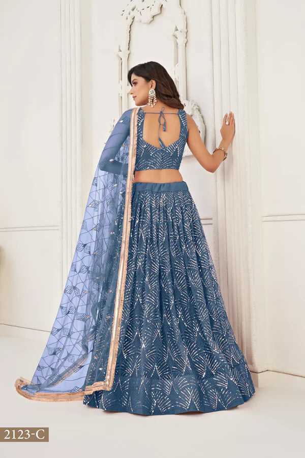 Designer Teal Blue Thread & Mirror Lehenga