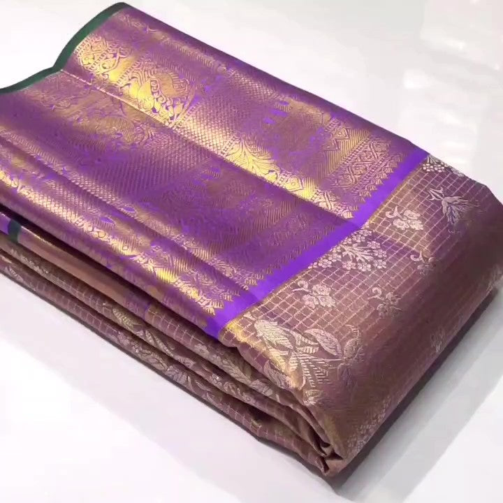 Lavendel Kanchipuram Håndvævet Brokade Meenakari Silkesari