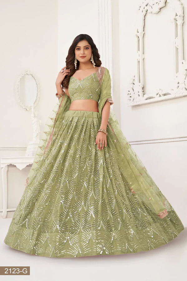 Pista Green Embroidered Net Lehenga Choli
