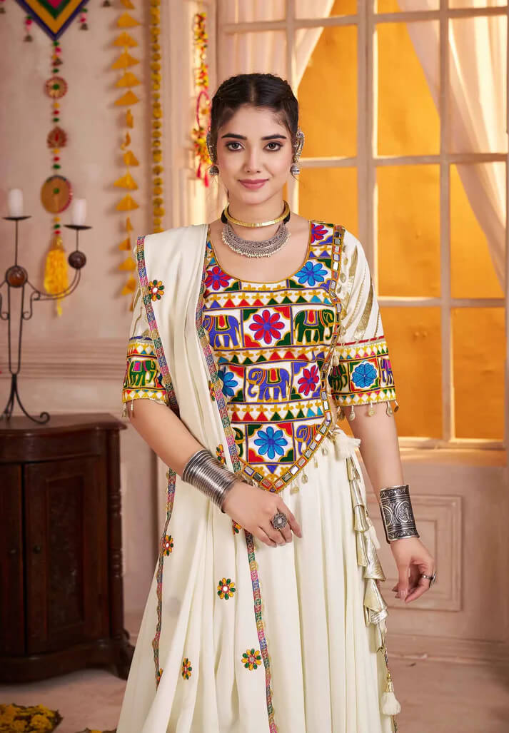 White Kutchi Mirror Kodi Work Navratri Lehenga Choli