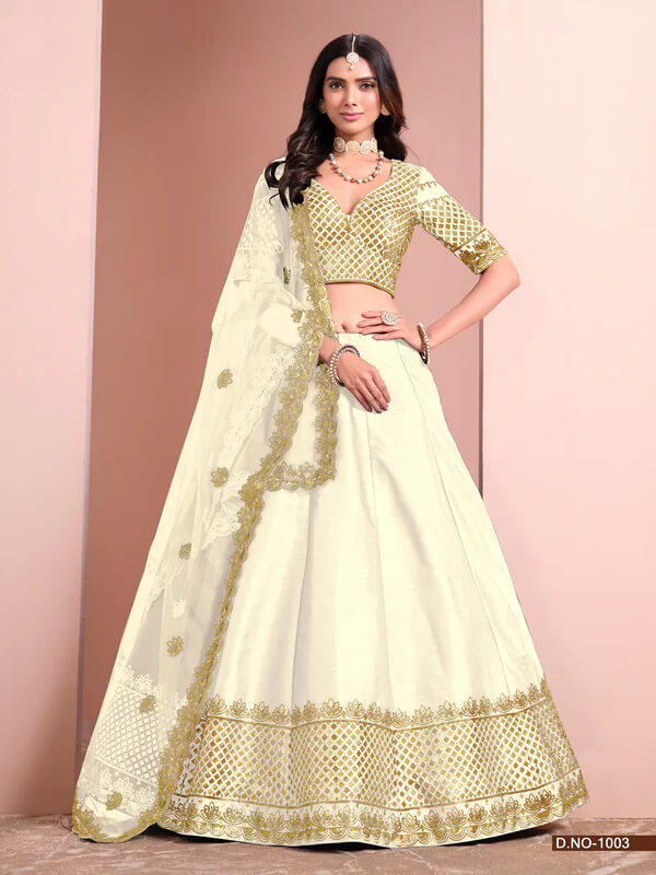 Off White Art Silk Lehenga with Paper Mirror & Embroidery