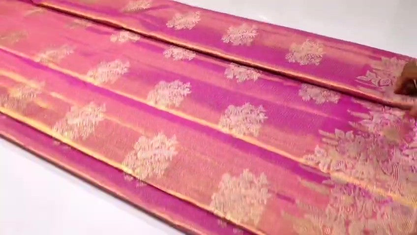 Hot Pink Kanchipuram Handloom Tissue Brocade Bridal Silk Saree
