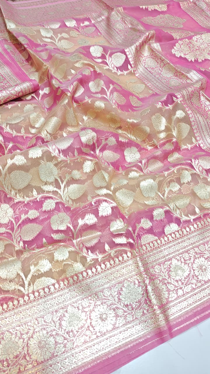 Onion Pink Banarasi Handloom Rangkat Kora Tissue Silk Saree