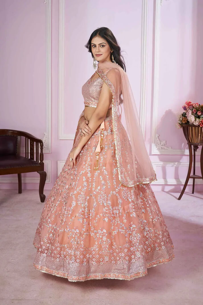 Peach Soft Net Lehenga with Sequins & Zari Embroidery